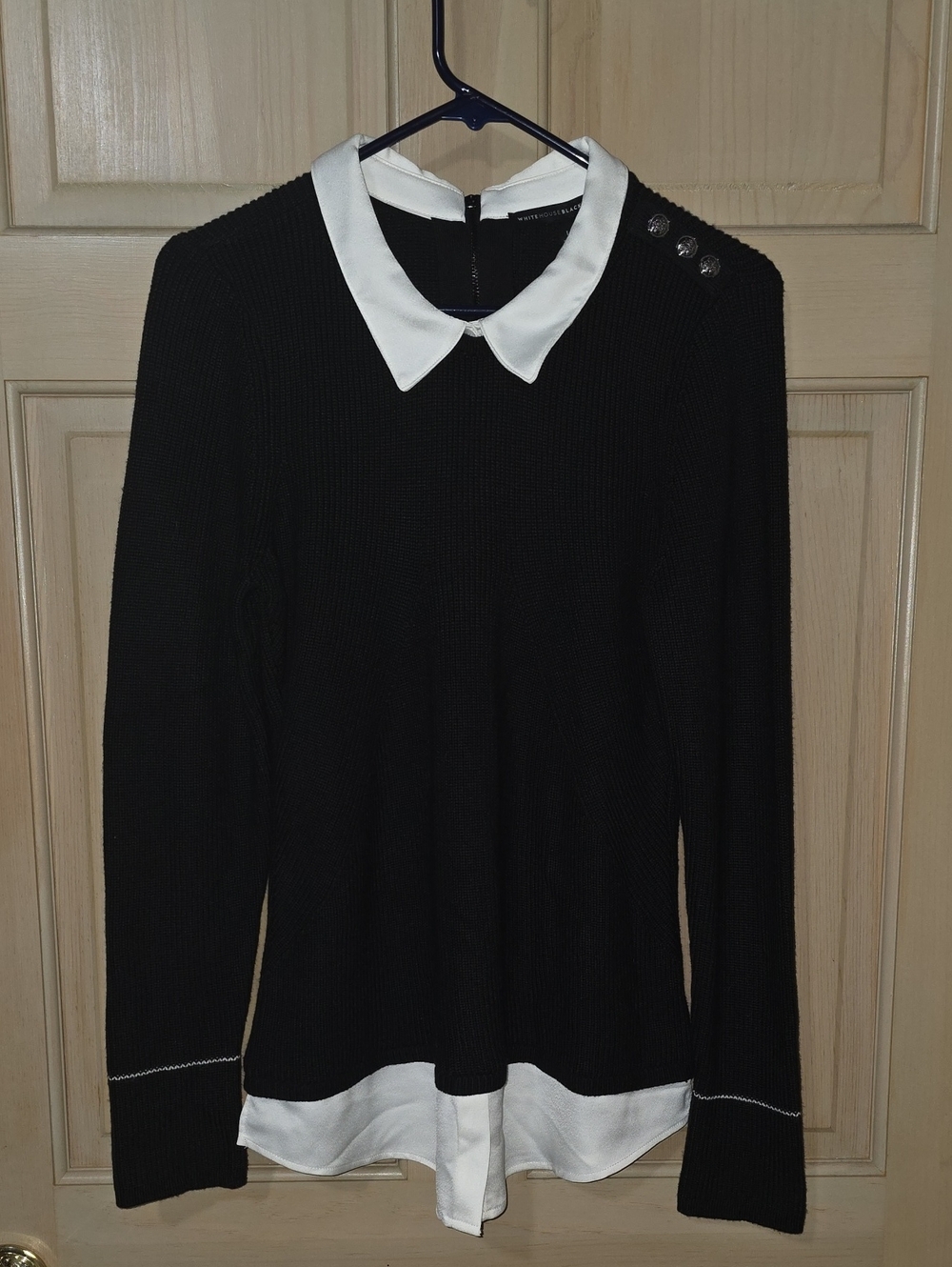 White House Black Market Black Sweater with White Collar